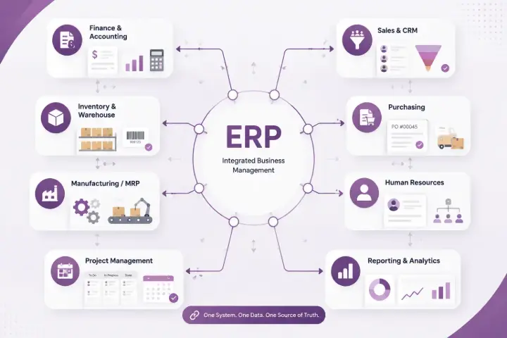 اینفوگرافیک ماژول‌های اصلی ERP شامل مالی، فروش، انبار، خرید، تولید و منابع انسانی